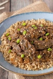 Blue plate showing Korean BBQ Beef over brown rice. plate is sitting on a napkin