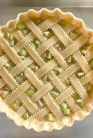 completed lattice pie crust, pie ready for baking