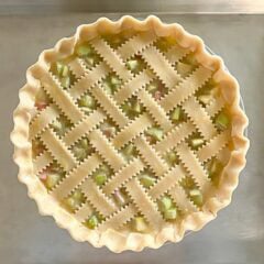 completed lattice pie crust, pie ready for baking