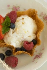 Pecan Cookie Cup with a scoop of Lemon Almond Ice Cream with berries