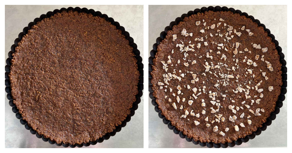 collage of process shots, one the ginger crust, the second adding crystallized ginger