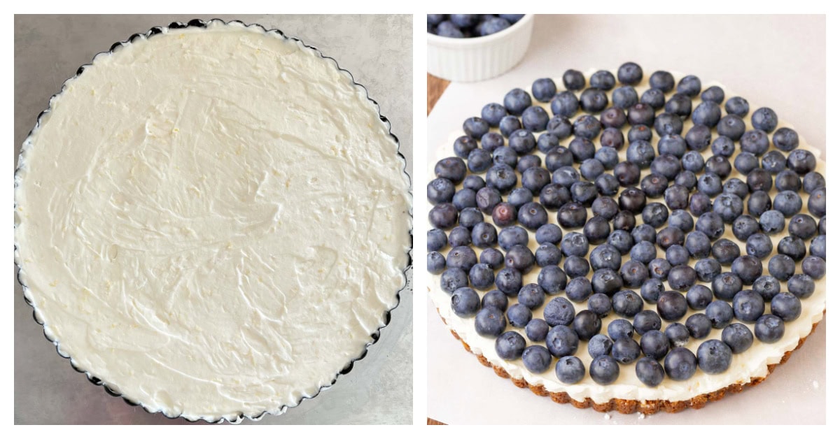 Collage of 2 process shots: filling in the crust, and second one topped with blueberries