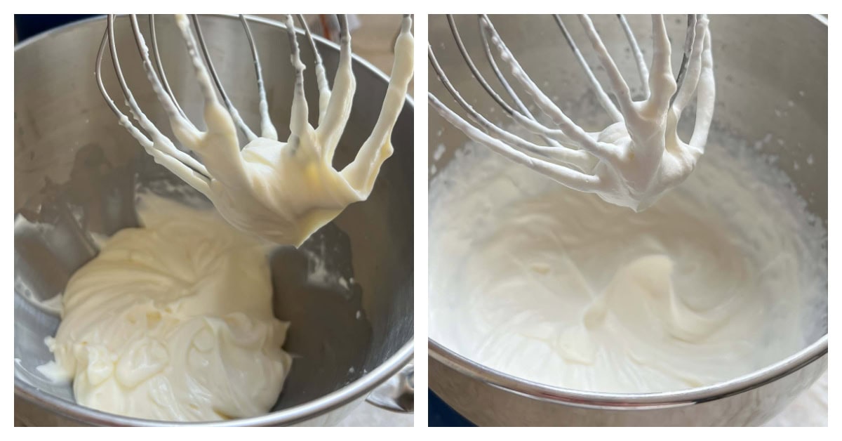 collage of 2 process shots: whipping mascarpone with lemon, and other whipped cream to stiff peaks