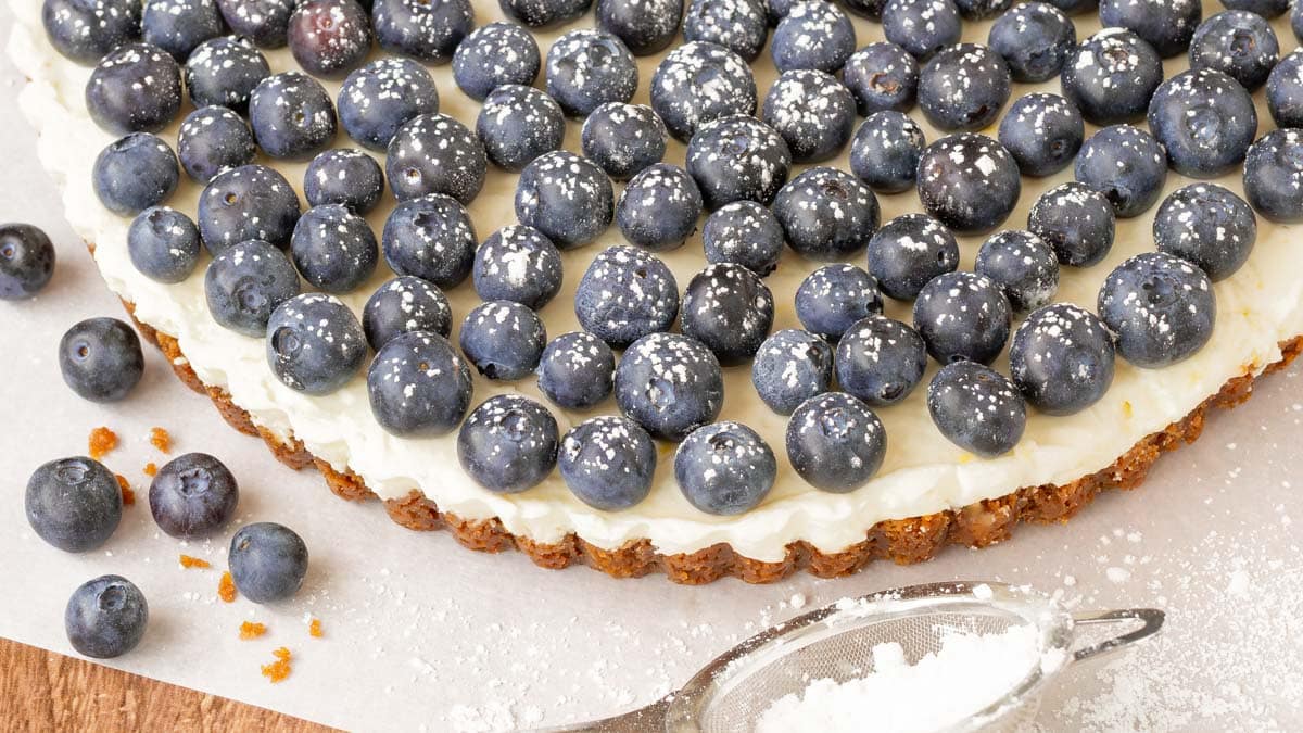 close up horizontal view of finished Lemon Tart topped with fresh blueberries and dusted with powdered sugar, with a sifter in front