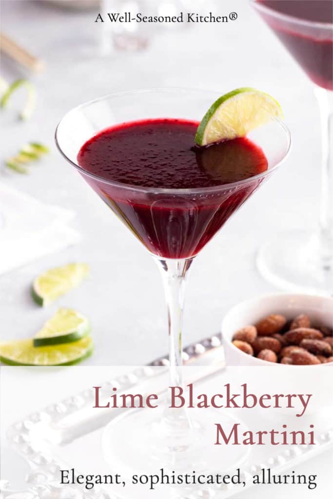 3 stemmed glasses holding Lime Blackberry Martini, formatted for sharing on social media