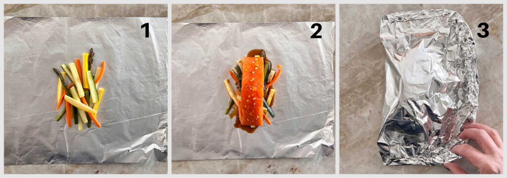 three photos showing key steps in wrapping salmon and vegetables for baking in foil