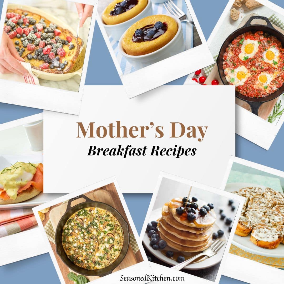 Collage of photos of various Mother's Day breakfast recipes