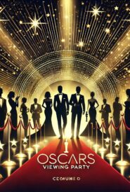 graphic with elegant silhouettes of well-dressed figures (like actors arriving at an awards show) against a starry Hollywood backdrop