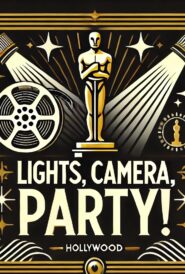 Black, gold, and white graphic of an oscar, spotlights, film reel with the wording Liights, Camera, Party!