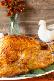 Roasted Turkey with golden brown skin on a white platter with a bird-shaped gravy boat filled with gravy behind