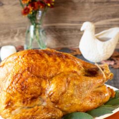 Roasted Turkey with golden brown skin on a white platter with a bird-shaped gravy boat filled with gravy behind