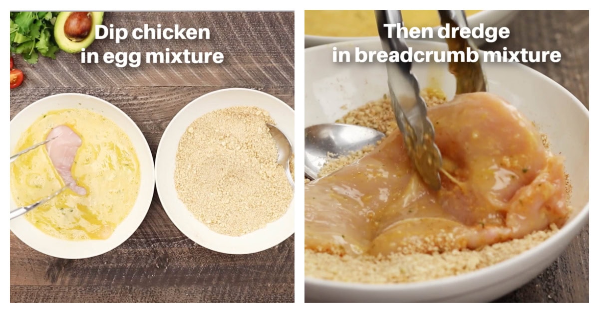 two photos showing how to dip chicken and egg mixture, then dredge in breadcrumb mixture
