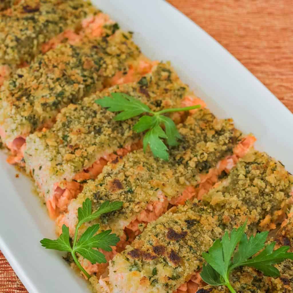 overhead close up showing a few slices of Parmesan Breaded Salmon