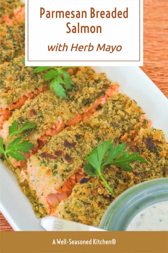 overhead showing slices of Parmesan Breaded Salmon, with herb mayo and formatted for sharing on social media