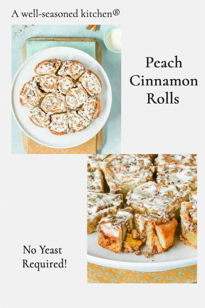collage showing Peach Cinnamon Rolls, formatted for sharing