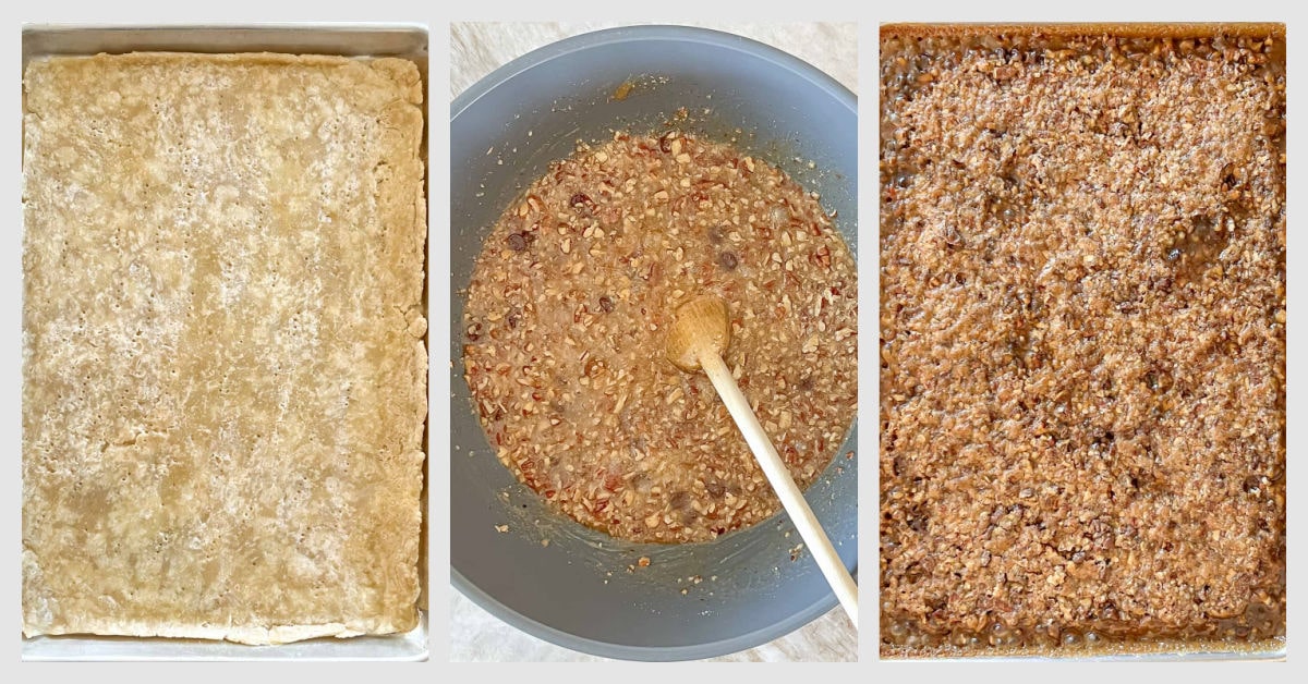 Collage of three process shots, 1st the pie crust bottom, 2nd a bowl holding the batter for the top, and the 3rd the cooked bars in the pan