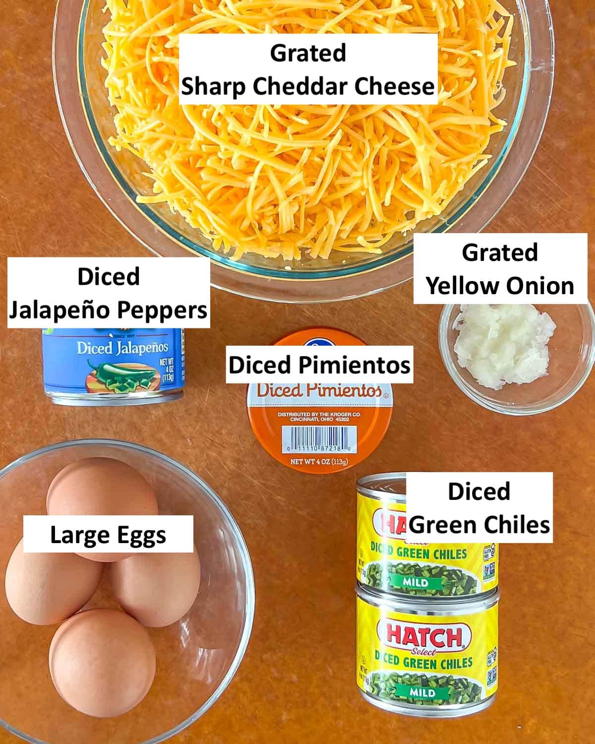 photo of ingredients in Pimento Cheese Appetizers with Green chiles. They are labeled.