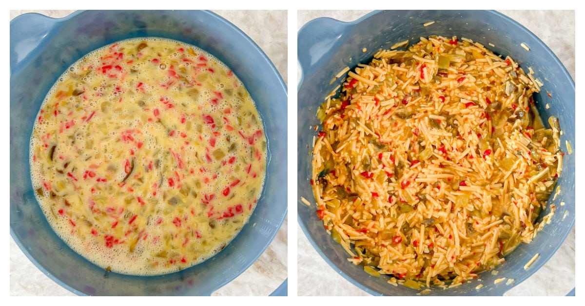 two photos showing mixing ingredients except cheese, then adding cheese