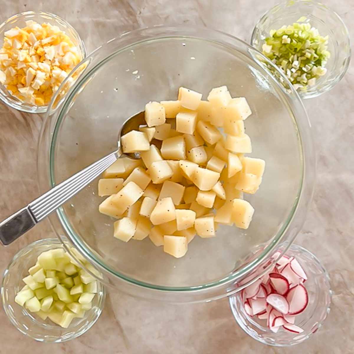 ingredients shot of large bowl with cooked, chopped potatoes surrounded by 4 smaller bowls holding green onion, radish, cucumber and egg