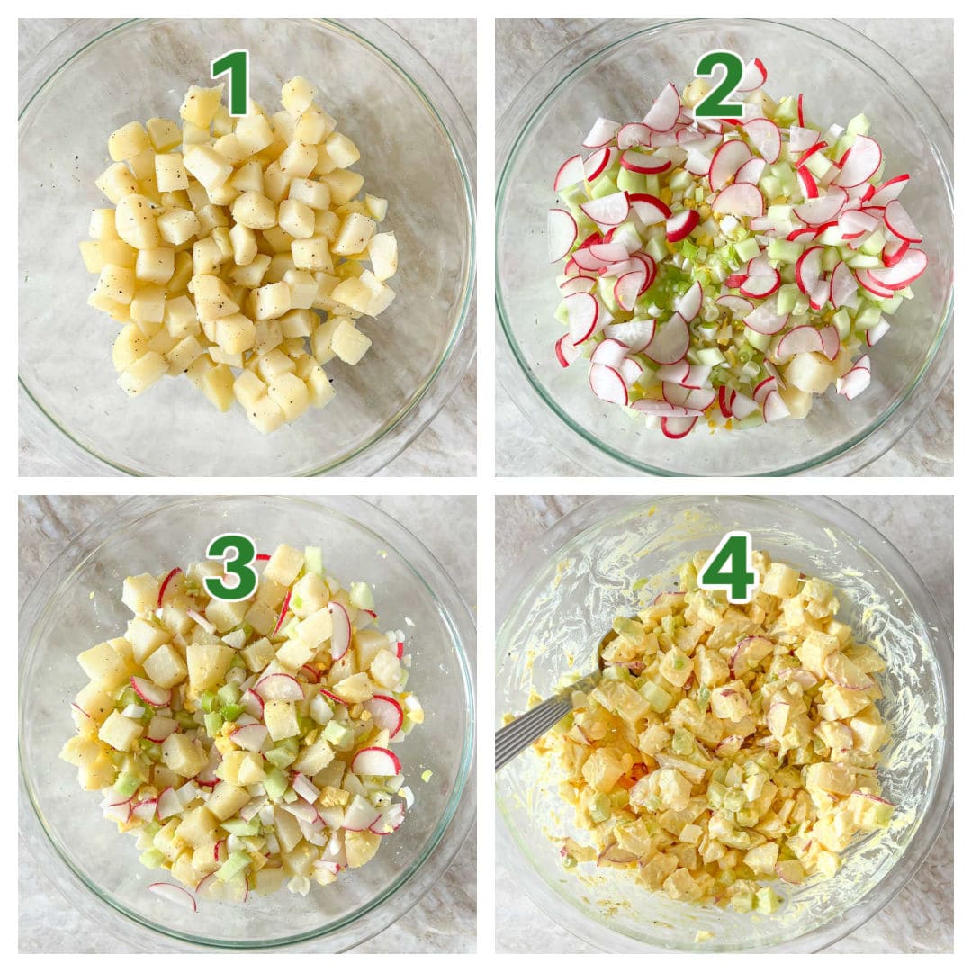 collage of 4 process shots showing how to make potato salad