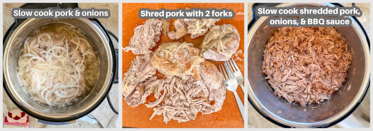A collage showing the 3 steps in the process for cooking pulled pork in a slow cooker