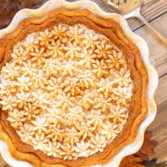 Overhead of Pumpkin Chiffon Pie with pie server on the side