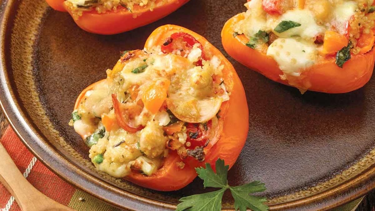 Close up of one quinoa stuffed bell pepper