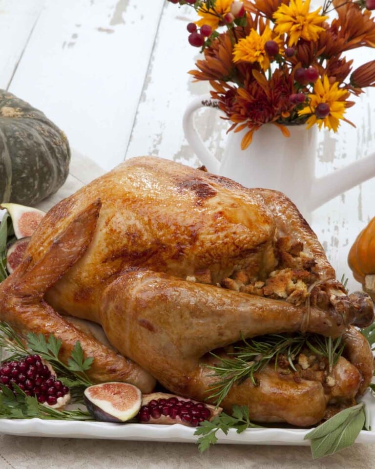 side shot of stuffed, roasted whole turkey