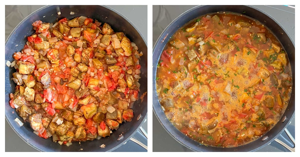 two photos, 1st showing adding eggplant to tomato mixture, 2nd showing soup simmering in broth