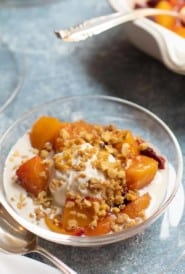 roasted peaches, nectarines and plums over ice cream with candied walnuts