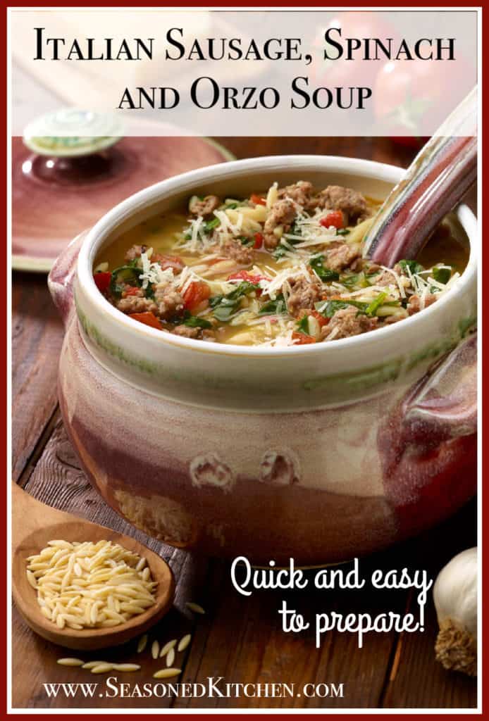 rustic bowl filled with Sausage, Spinach and Orzo Soup, formatted for sharing