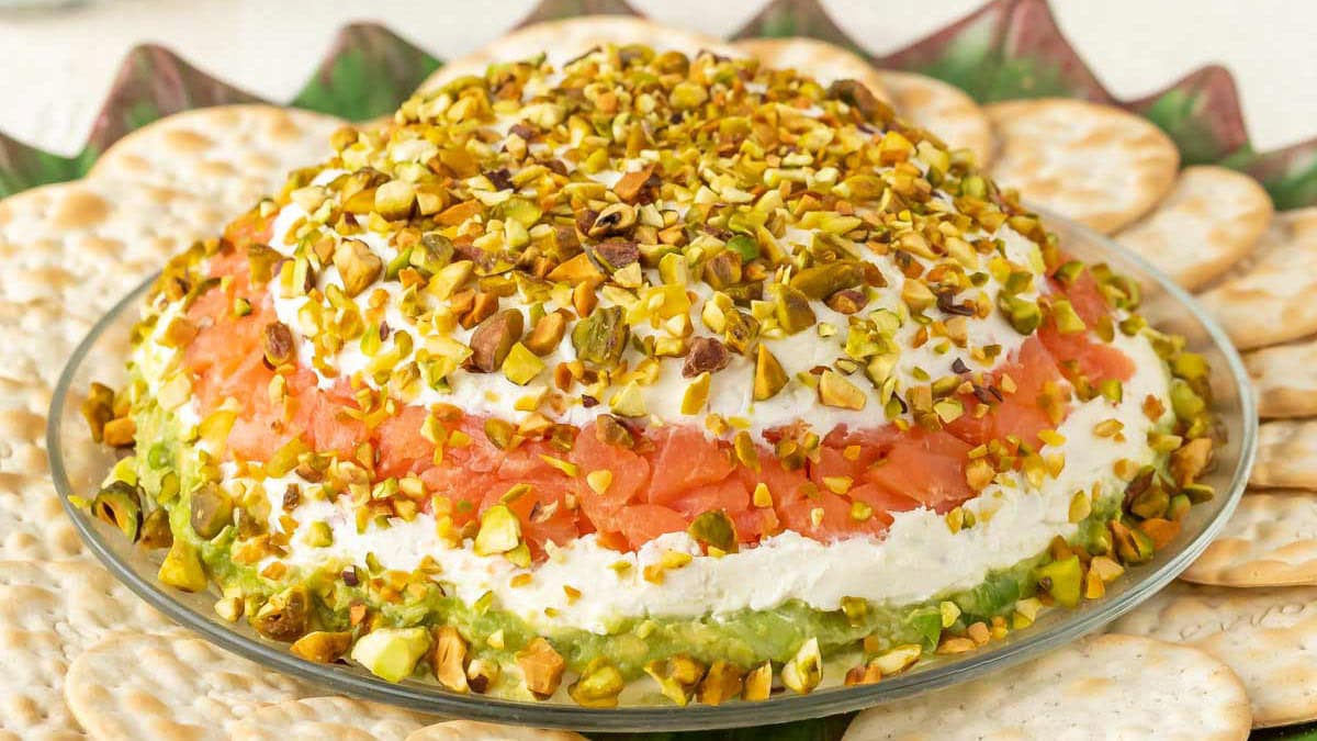 close-up view of layered smoked salmon and cream cheese spread