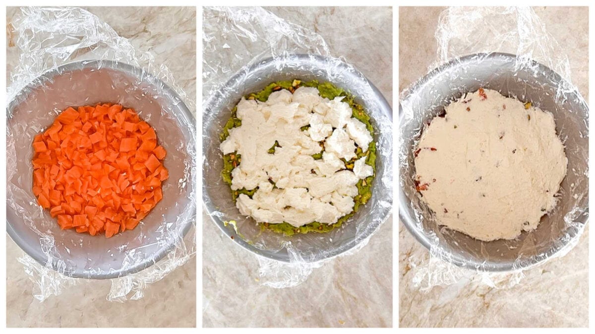 collage of 3 photos showing how to layer ingredients in Smoked Salmon Spread