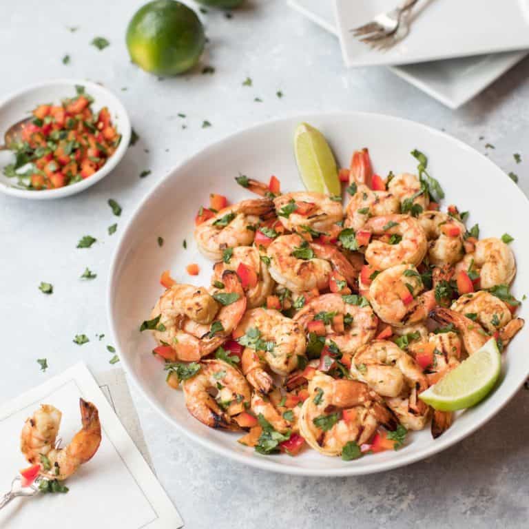 White bowl showing Spicy Southwestern Shrimp Appetizer
