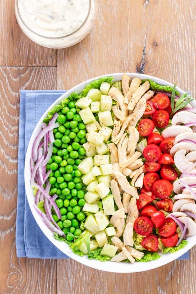 white bowl showing ingredients in Tarragon Chicken Salad in rows