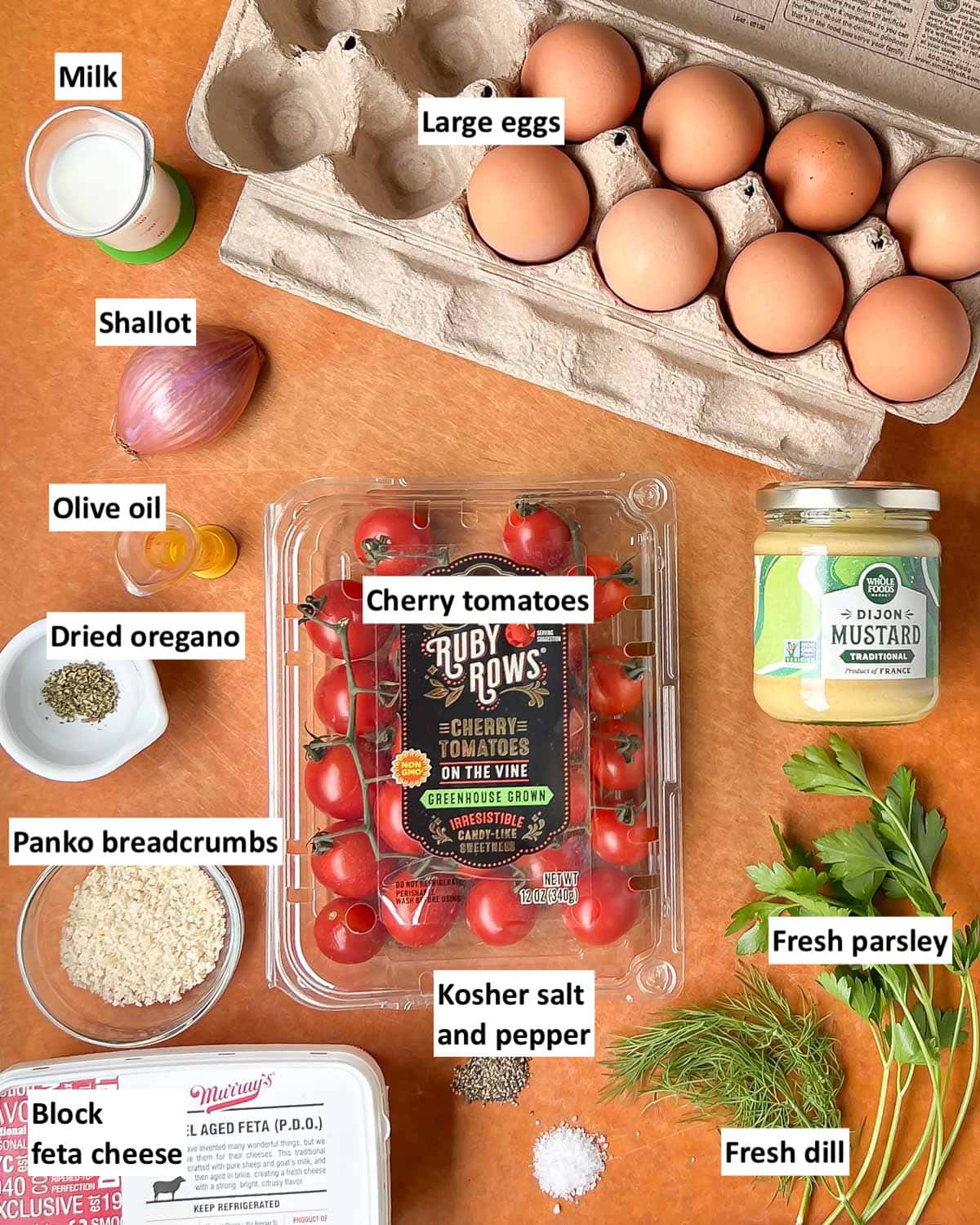 All of the ingredients in Tomato Frittata with Feta, labeled