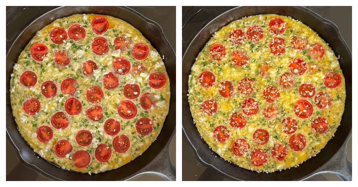 Two photos showing adding toppings, the first showing the added feta and the second showing the added breadcrumbs