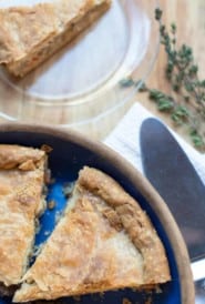 blue pie dish filled with Tourtiere