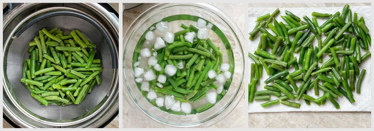 three photos showing steaming, placing in ice water, and drying fresh green beans