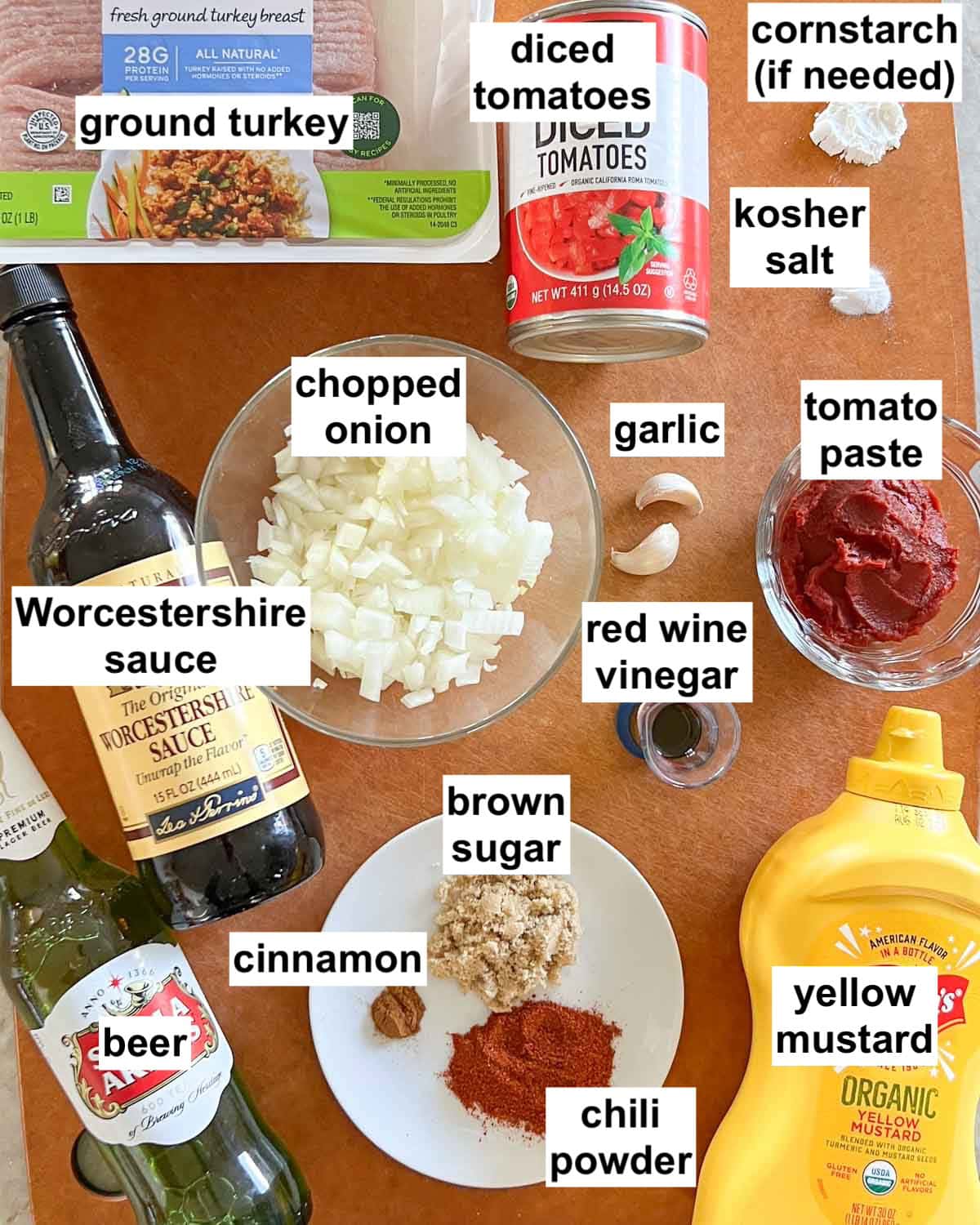 labeled ingredients for Turkey Sloppy Joes arranged on a cutting board