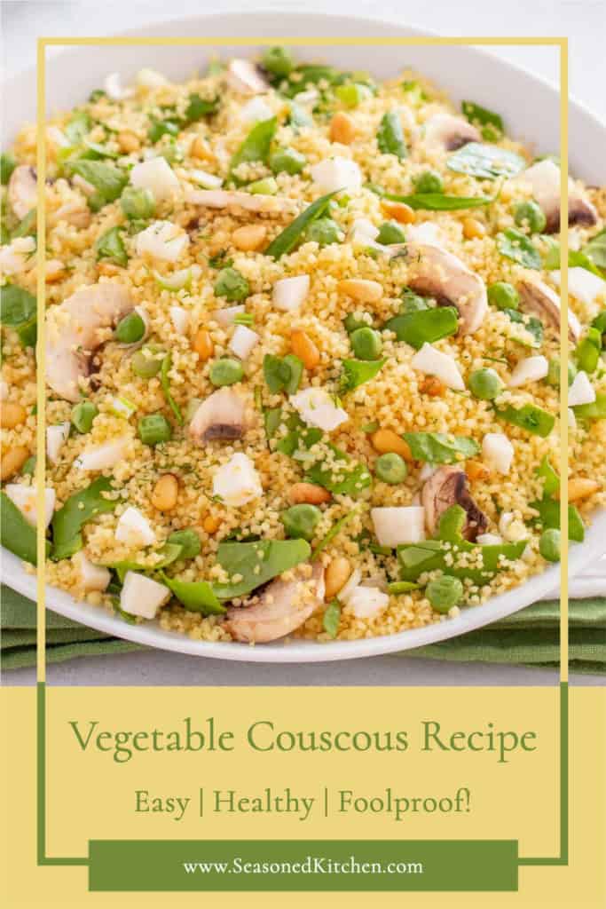 Vegetable Couscous in a white bowl reformatted for sharing on sociall media