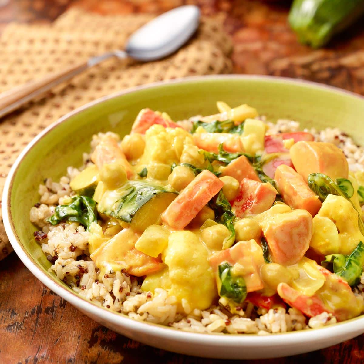bowl holding a portion of Mixed Vegetable Curry on brown rice, with a spoon in back